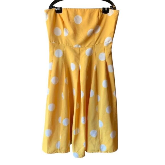 Eva Mendes Polka Dot Strapless Dress Sz L Yellow w/ White Fit & Flare Women's - Picture 1 of 6